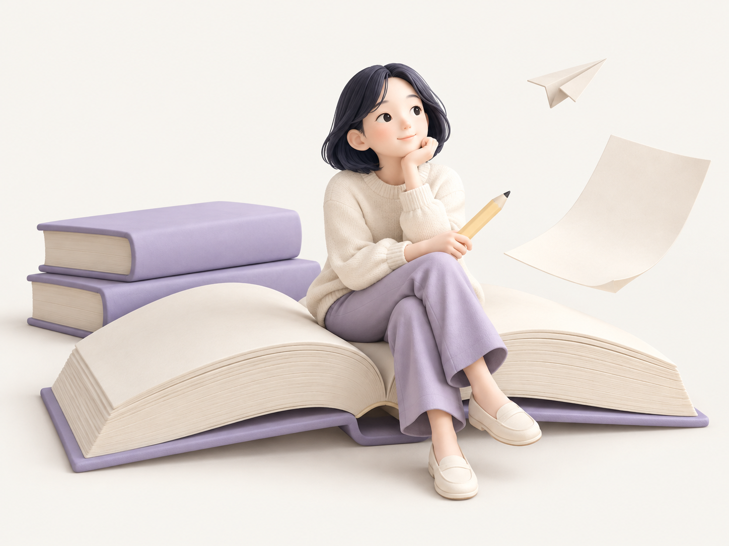 커다란 펼친 책에 앉아 노란 연필을 든 단발머리 작가 클레이 일러스트
